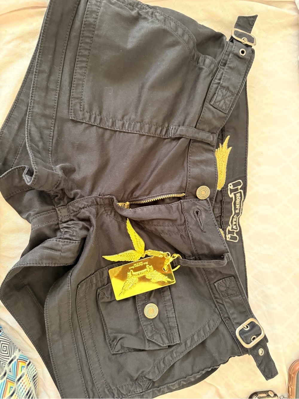 Black Cargo Shorts with Gold Wing Hardware